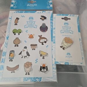 Jellycat Fish & Chips Stickers and Pin  New with Tags!